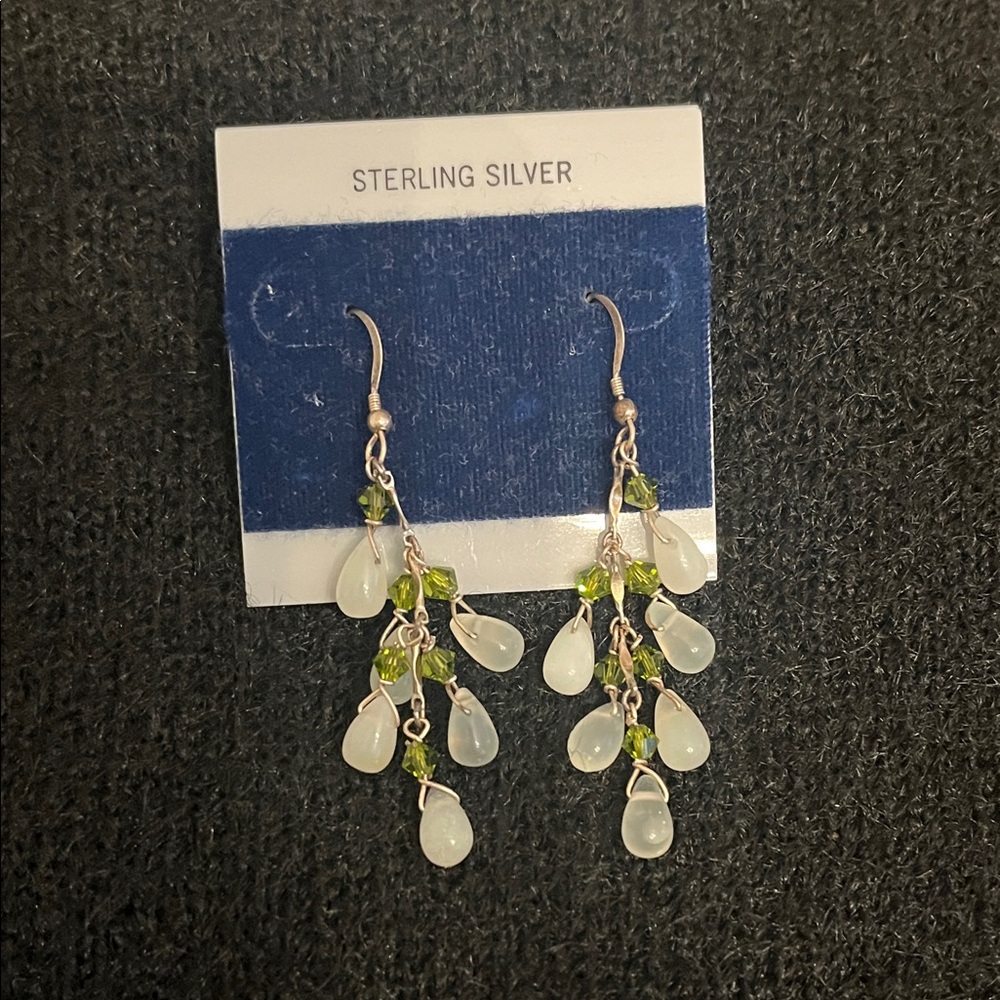 Sterling Silver Green and White Dangle Earrings
